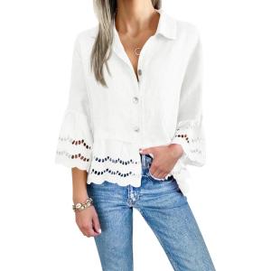 imageCicy Bell Womens 34 Bell Sleeve Button Down Shirts Casual Ruffle Hem Tops Eyelet BlouseWhite