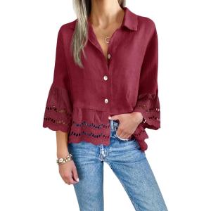 imageCicy Bell Womens 34 Bell Sleeve Button Down Shirts Casual Ruffle Hem Tops Eyelet BlouseWine Red