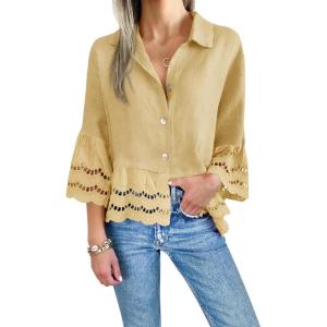 imageCicy Bell Womens 34 Bell Sleeve Button Down Shirts Casual Ruffle Hem Tops Eyelet BlouseYellow