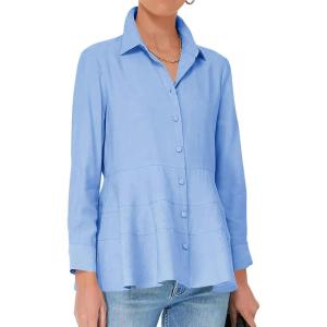 imageCicy Bell Womens Button Down Shirts Collared V Neck Long Sleeve Peplum Tiered Blouse TopsBlue