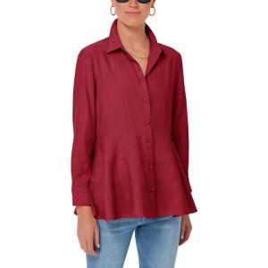 imageCicy Bell Womens Button Down Shirts Collared V Neck Long Sleeve Peplum Tiered Blouse TopsRed