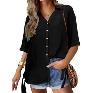imageCicy Bell Womens Button Down Shirts V Neck Half Sleeve Tops Side Tie Knot BlouseBlack