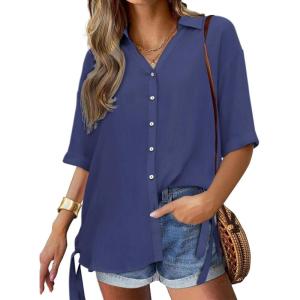 imageCicy Bell Womens Button Down Shirts V Neck Half Sleeve Tops Side Tie Knot BlouseBlue