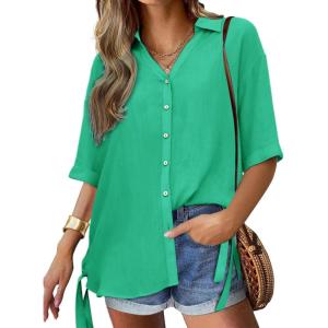 imageCicy Bell Womens Button Down Shirts V Neck Half Sleeve Tops Side Tie Knot BlouseGreen