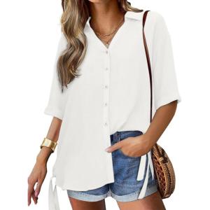 imageCicy Bell Womens Button Down Shirts V Neck Half Sleeve Tops Side Tie Knot BlouseWhite