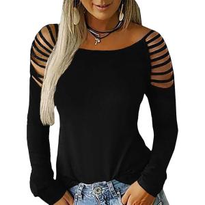 imageCicy Bell Womens Long Sleeve Cold Shoulder Tops Plain Hollow Out Boat Neck Casual Blouses ShirtsBlack