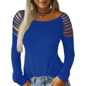 imageCicy Bell Womens Long Sleeve Cold Shoulder Tops Plain Hollow Out Boat Neck Casual Blouses ShirtsBlue