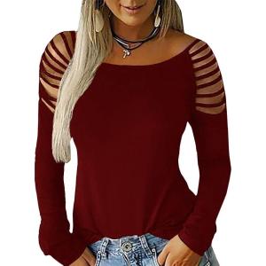 imageCicy Bell Womens Long Sleeve Cold Shoulder Tops Plain Hollow Out Boat Neck Casual Blouses ShirtsBurgundy