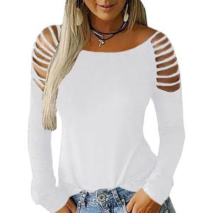 imageCicy Bell Womens Long Sleeve Cold Shoulder Tops Plain Hollow Out Boat Neck Casual Blouses ShirtsWhite