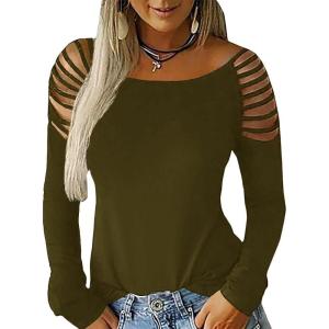 imageCicy Bell Womens Long Sleeve Cold Shoulder Tops Plain Hollow Out Boat Neck Casual Blouses ShirtsYarmy Green