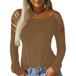 imageCicy Bell Womens Long Sleeve Cold Shoulder Tops Plain Hollow Out Boat Neck Casual Blouses ShirtsYbrown