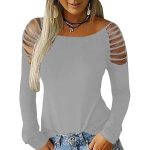 imageCicy Bell Womens Long Sleeve Cold Shoulder Tops Plain Hollow Out Boat Neck Casual Blouses ShirtsYgrey