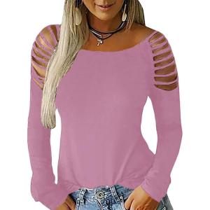 imageCicy Bell Womens Long Sleeve Cold Shoulder Tops Plain Hollow Out Boat Neck Casual Blouses ShirtsYpinkpurple