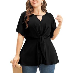 imageCicy Bell Womens Plus Size Peplum Tops V Neck Keyhole Tie Front Ruffle Short Sleeve Tunic BlouseBlack