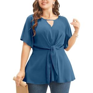 imageCicy Bell Womens Plus Size Peplum Tops V Neck Keyhole Tie Front Ruffle Short Sleeve Tunic BlouseBlue