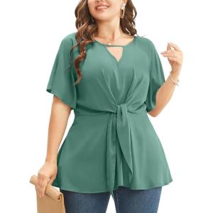 imageCicy Bell Womens Plus Size Peplum Tops V Neck Keyhole Tie Front Ruffle Short Sleeve Tunic BlouseGreen