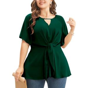 imageCicy Bell Womens Plus Size Peplum Tops V Neck Keyhole Tie Front Ruffle Short Sleeve Tunic BlouseNavy Green