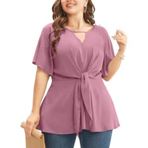 imageCicy Bell Womens Plus Size Peplum Tops V Neck Keyhole Tie Front Ruffle Short Sleeve Tunic BlousePink