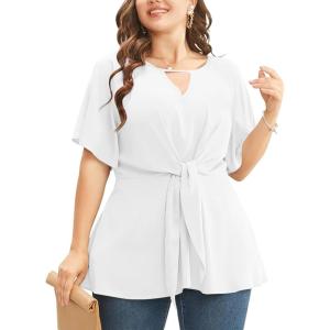 imageCicy Bell Womens Plus Size Peplum Tops V Neck Keyhole Tie Front Ruffle Short Sleeve Tunic BlouseWhite