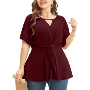 imageCicy Bell Womens Plus Size Peplum Tops V Neck Keyhole Tie Front Ruffle Short Sleeve Tunic BlouseWine Red
