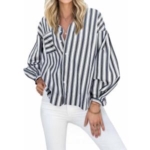 imageCicy Bell Womens Striped Button Down Shirts 2024 Fall Fashion Puff Long Sleeve Loose Fitting Work TopsBlack