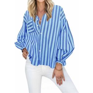 imageCicy Bell Womens Striped Button Down Shirts 2024 Fall Fashion Puff Long Sleeve Loose Fitting Work TopsBlue