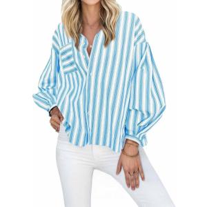 imageCicy Bell Womens Striped Button Down Shirts 2024 Fall Fashion Puff Long Sleeve Loose Fitting Work TopsLight Blue