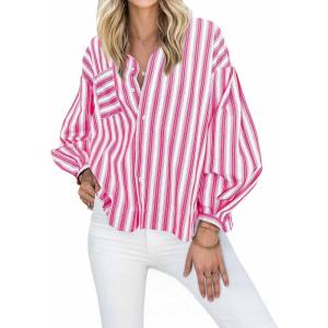 imageCicy Bell Womens Striped Button Down Shirts 2024 Fall Fashion Puff Long Sleeve Loose Fitting Work TopsLight Pink