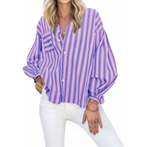 imageCicy Bell Womens Striped Button Down Shirts 2024 Fall Fashion Puff Long Sleeve Loose Fitting Work TopsPink