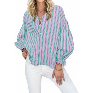imageCicy Bell Womens Striped Button Down Shirts 2024 Fall Fashion Puff Long Sleeve Loose Fitting Work TopsPink Green