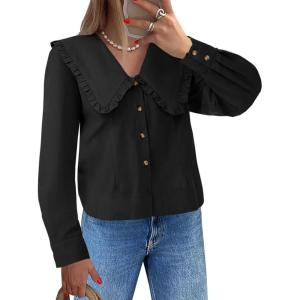 imageCicy Bell Womens V Neck Ruffle Shirts Cute Long Sleeve Button Down Tops Casual Work Office BlousesBlack
