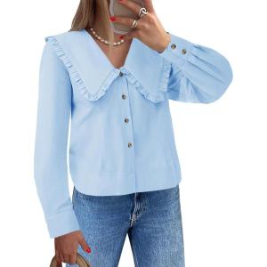 imageCicy Bell Womens V Neck Ruffle Shirts Cute Long Sleeve Button Down Tops Casual Work Office BlousesLight Blue