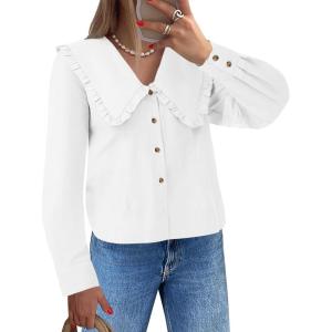 imageCicy Bell Womens V Neck Ruffle Shirts Cute Long Sleeve Button Down Tops Casual Work Office BlousesWhite