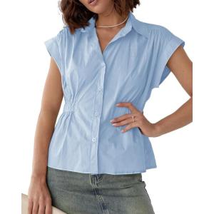 imageCicy Bell Womens Dressy Button Down Shirts Peplum Tops Cap Sleeve Summer Work BlousesLight Blue