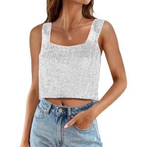 imageCicy Bell Womens Sequin Crop Tank Tops Cute Sleeveless Sparkly Camisole Blouse Cocktail Evening Party Tank ShirtsSilver
