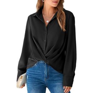imageCicy Bell Womens Silk Button Down Shirts Long Sleeve Dressy Work Casual Twist Front Satin Blouse TopsBlack