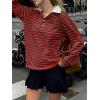 imageCicy Bell Womens Long Sleeve Rugby Polo Shirts Oversized Striped Collared Sweatshirt Color Block Tunic TopsRed