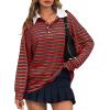 imageCicy Bell Womens Long Sleeve Rugby Polo Shirts Oversized Striped Collared Sweatshirt Color Block Tunic TopsRed
