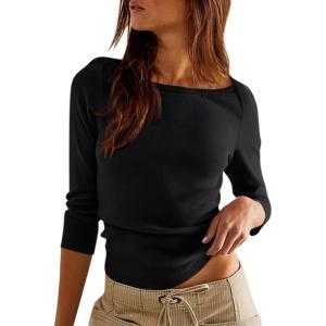 image34 Sleeve Tops for Women Boat Neck Tshirts Ribbed Knit Basic Casual Slim Fit Tee ShirtsBlack
