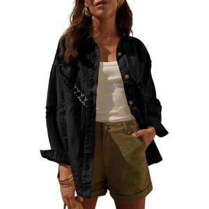 imageCicy Bell Womens Button Down Shirts Jackets Shackets Eyelet Hollow Out Embroidery Long Sleeve Blouses TopsBlack