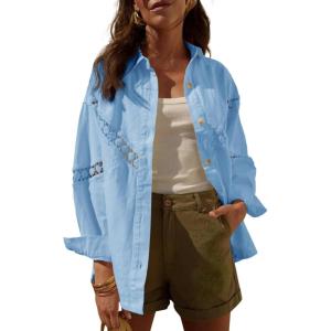 imageCicy Bell Womens Button Down Shirts Jackets Shackets Eyelet Hollow Out Embroidery Long Sleeve Blouses TopsBlue