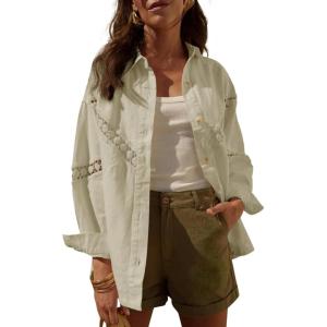 imageCicy Bell Womens Button Down Shirts Jackets Shackets Eyelet Hollow Out Embroidery Long Sleeve Blouses TopsKhaki