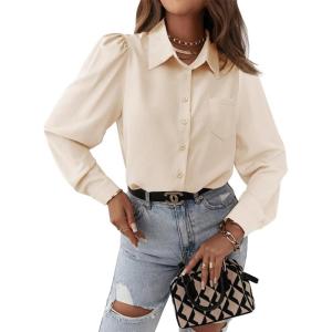 imageCicy Bell Womens Button Down Shirts Long Puff Sleeve V Neck Casual Work Office Tunic TopBeige