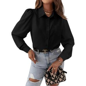 imageCicy Bell Womens Button Down Shirts Long Puff Sleeve V Neck Casual Work Office Tunic TopBlack