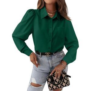 imageCicy Bell Womens Button Down Shirts Long Puff Sleeve V Neck Casual Work Office Tunic TopBlackish Green