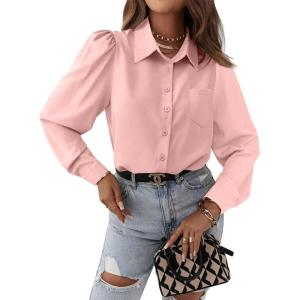 imageCicy Bell Womens Button Down Shirts Long Puff Sleeve V Neck Casual Work Office Tunic TopPink