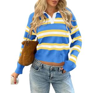 imageCicy Bell Womens Cropped Polo Sweater Striped Long Sleeve Shirts Lightweight Color Block Knit Pullover TopsBlue