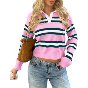 imageCicy Bell Womens Cropped Polo Sweater Striped Long Sleeve Shirts Lightweight Color Block Knit Pullover TopsPink