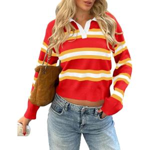 imageCicy Bell Womens Cropped Polo Sweater Striped Long Sleeve Shirts Lightweight Color Block Knit Pullover TopsRed