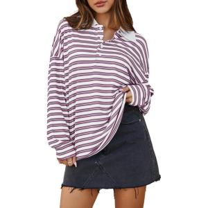 imageCicy Bell Womens Long Sleeve Rugby Polo Shirts Oversized Striped Collared Sweatshirt Color Block Tunic TopsPurple
